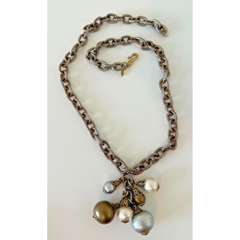 Lorren Bell Necklace Cotton‎ Pearl Cluster Grey Copper Heavy Texture Chain 28"